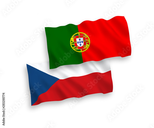 National vector fabric wave flags of Czech Republic and Portugal isolated on white background. 1 to 2 proportion.
