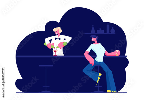 Man Visiting Night Club, Nightlife Spare Time. Male Character Sit at High Chair Drinking Beverages on Bar Counter with Barman Making Cocktail in Modern Restaurant. Cartoon Flat Vector Illustration