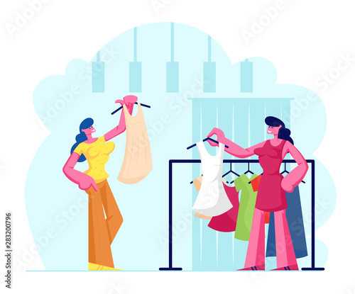 Young Woman Choosing Fashioned Dress in Store, Sales Woman Assistant Offer Garment of New Collection Standing near Hanger