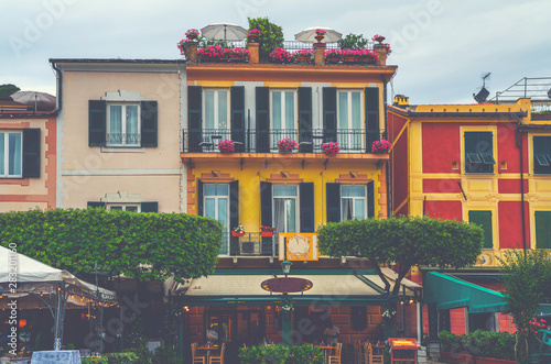 View of old cozy colorful houses in Portofino  Italy. Architecture and landmark of Liguria coast. Postcard of Portofino. Travel and vacation concept.