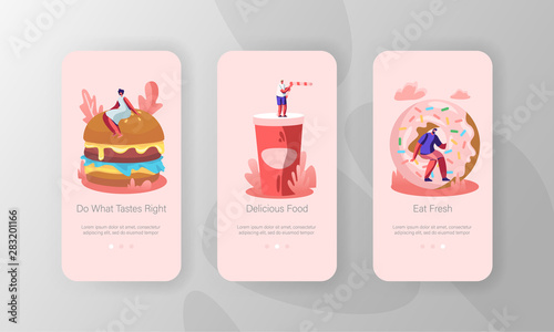 People and Street Fast Food Mobile App Page Onboard Screen Set. Characters Interacting with Huge Burger, Donut, Soda Drink. Junkfood Concept for Website or Web Page Cartoon Flat Vector Illustration