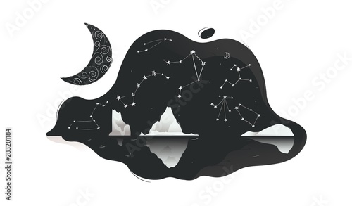 North landscape night sky with stars and icebergs flat vector illustration isolated.