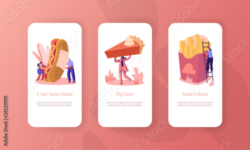 Characters and Fast Food Mobile App Page Onboard Screen Set. People Eat Huge Hot Dog with Mustard, French Fries, Pie. Street Junkfood Concept for Website or Web Page Cartoon Flat Vector Illustration