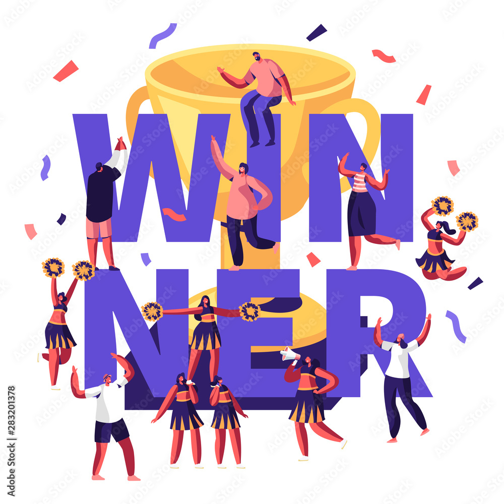 Winner Concept with Cheerleaders Team Making Pyramid on Sports Competition and Cheerful People around Golden Cup and Confetti. Sport Poster Banner Flyer Brochure. Cartoon Flat Vector Illustration