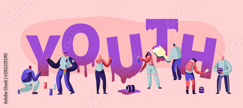 Youth Concept with Street Artist Teenagers Painting Graffiti. Urban Teens City Lifestyle, Young People Creative Hobby Activity Drawing Poster Banner Flyer Brochure. Cartoon Flat Vector Illustration