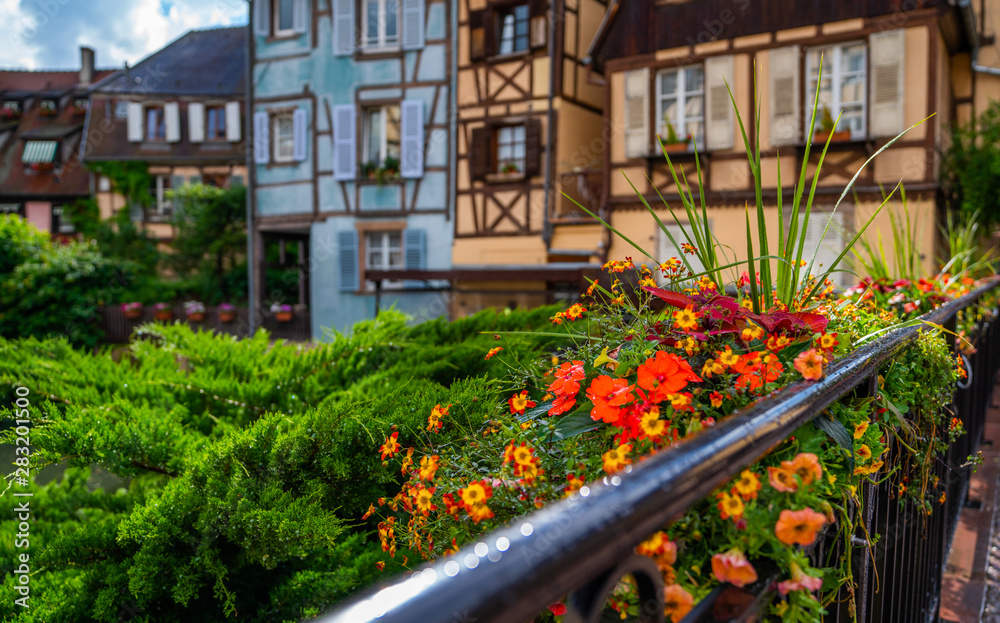 Fototapeta premium View of the most characteristic and particular city of Southern France with its houses that recall distant times. Floral traditional town Colmar with charming old streets in Alsace region.