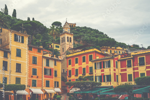 Beautiful view of Portofino. Is one of the pearls famous colorful villages of in Liguria coast in Italy. Travel and vacation concept.