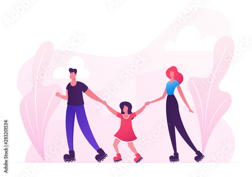 Family Weekend Leisure and Sport Spare Time. Mother, Father and Little Daughter Walking at City Park or Street Skating Rollers, Summertime Activity Leisure Vacation Cartoon Flat Vector Illustration