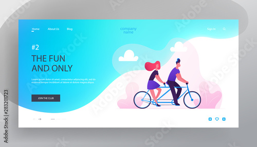 Young Loving Couple Summer Romantic Voyage Website Landing Page. Man and Woman Driving Tandem Bicycle in City Park. Love Relax Characters Cycling Bike Web Page Banner. Cartoon Flat Vector Illustration