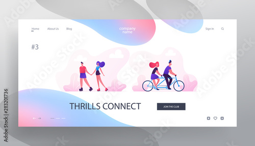 Loving Couple Spend Time Together Website Landing Page. Man and Woman Cycling on Bike Skating Rollers. Summer Romantic Vacation Leisure Love Relations Web Page Banner. Cartoon Flat Vector Illustration