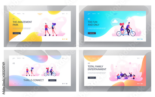 Loving Couple and Family with Kids Spend Time Together Website Landing Page Set. Summer Vacation Leisure, Sparetime Romantic Love and Human Relations Web Page Banner.Cartoon Flat Vector Illustration