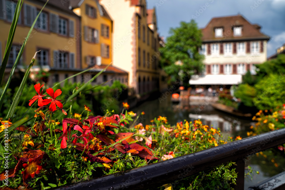 Fototapeta premium View of the historic town of Colmar, also known as Little Venice, with tourists taking a boat ride along traditional colorful houses on idyllic river Lauch, Colmar, Alsace, France