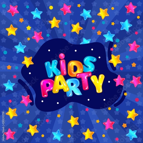Kids party banner with fun blue starry background, colorful poster for child birthday or other event celebration