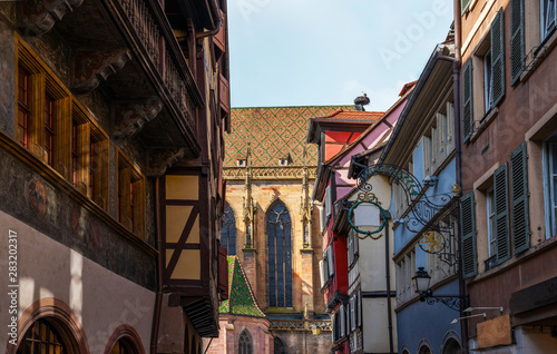 Fototapeta Naklejka Na Ścianę i Meble -  St Martin Church in Colmar, Haut Rhin in Alsace, France. View of the city colmar in france famous for its colorful houses and small streets along the river and the gigantic Gothic cathedral.