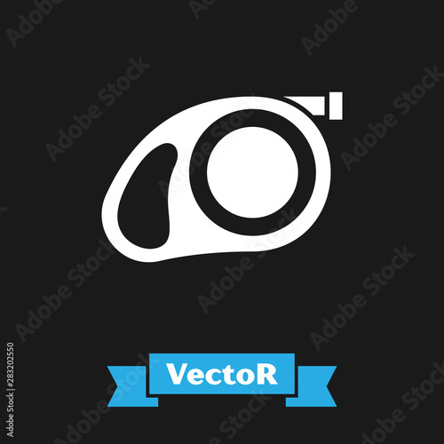 White Retractable cord leash with carabiner icon isolated on black background. Pet dog lead. Pet supplies. Animal accessory for outdoors walk. Vector Illustration
