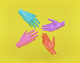 minimal multicolored mannequin hands on yellow background. Teamwork Concept. Close up. 3d rendering