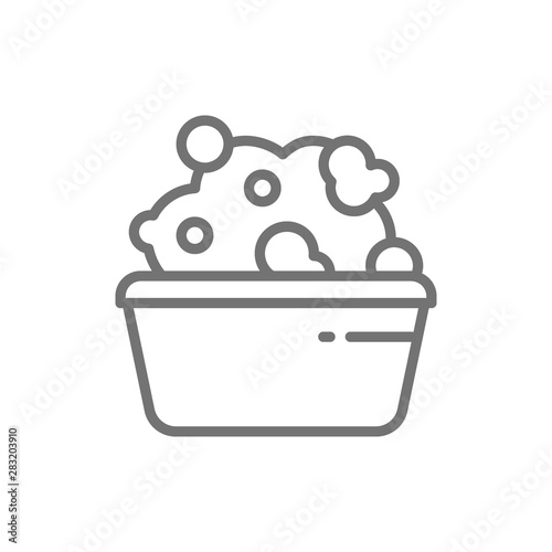 Basin with soapy water, washing line icon.