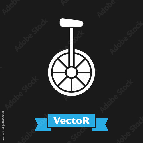 White Unicycle or one wheel bicycle icon isolated on black background. Monowheel bicycle. Vector Illustration