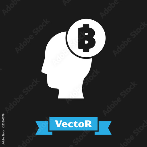White Bitcoin think icon isolated on black background. Cryptocurrency head. Blockchain technology, digital money market, cryptocoin wallet. Vector Illustration