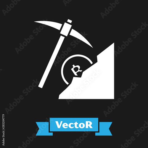 White Cryptocurrency cloud mining icon isolated on black background. Cloud with pickaxe, bitcoin, digital money market, cryptocoin wallet. Vector Illustration