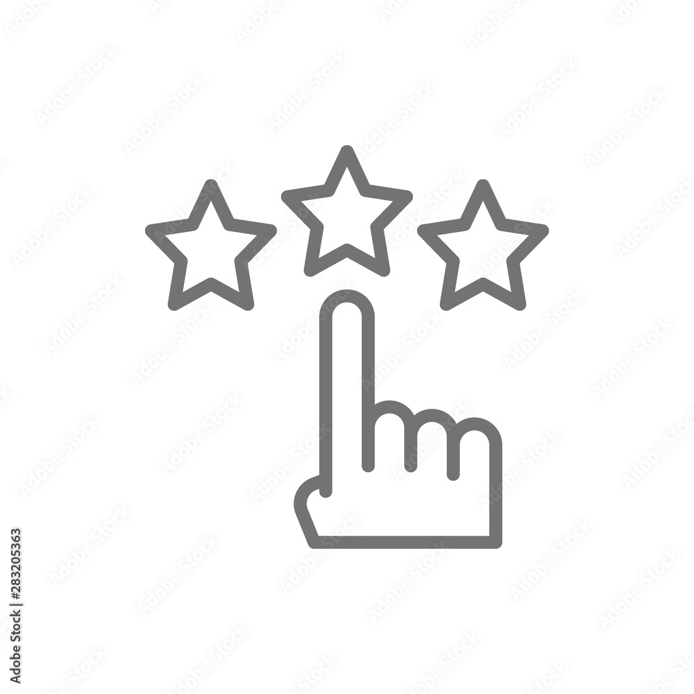 Finger point to stars, customer review, feedback line icon. Finger point to stars, customer review, feedback line icon.
