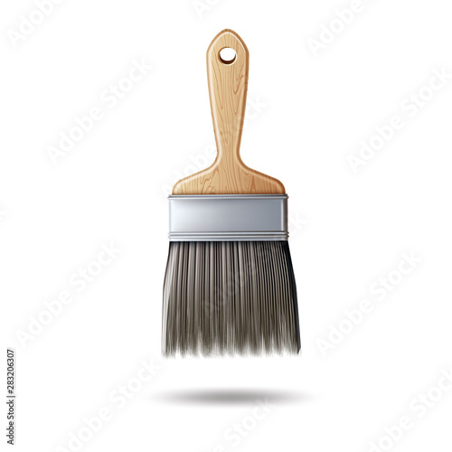 Realistic paintbrush with wooden handle. Vector artistic instrument. Art and creativity symbol. Painter brush for acrylic and oil paints. Isolated illustraiton.