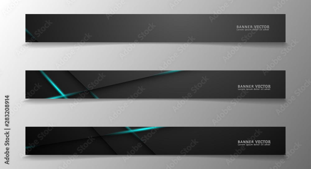 Banner collection, vector background with glowing neon blue stripes in a dark room.