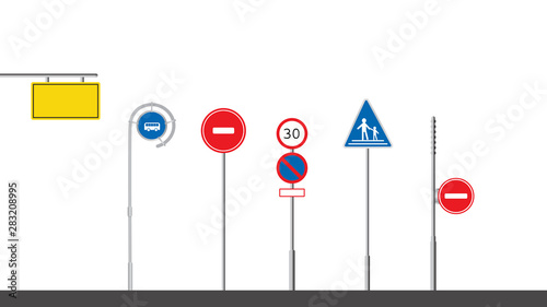 Traffics sign with pole isolated white background.Road symbols set vector.Flat traffic set