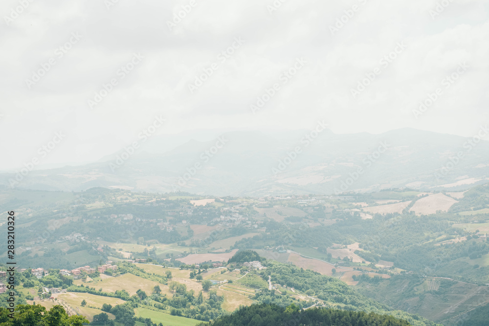 Beautiful view from San Marino city to hills of San Marino. Italian hills view from above