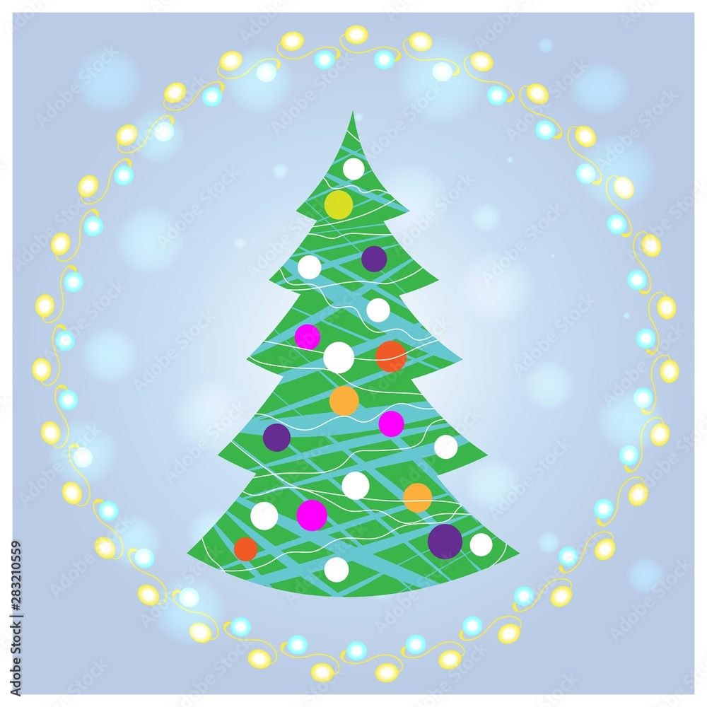 decorated Christmas tree on blue winter background with garland