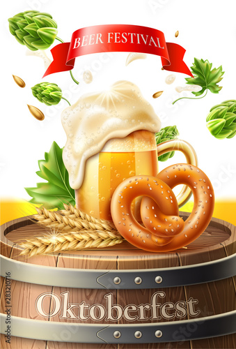 Realistic lager beer glass with golden bubbles, pretzel, sausage and green hop on wooden barrel for oktoberfest festival advertising poster design. Traditional german beer holiday in october.