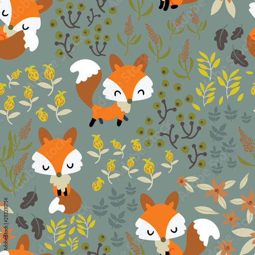 Seamless pattern with cute foxes on whimsical garden. Flat but cute illustration for children's print.