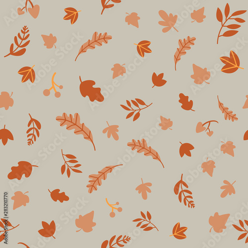 Simple of seamless pattern of autumn foliage in limited color palette. Autumn fall Doodle leaf print.