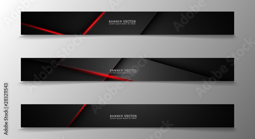 Banner collection, vector background with glowing neon red stripes in a dark room.