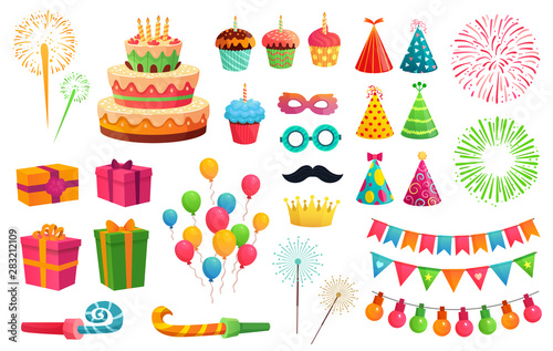 Cartoon party kit. Rocket fireworks, colorful balloons and birthday gifts. Carnival masks and sweet cupcakes, fireworks, balloons and cupcakes. Isolated vector illustration icons set photo