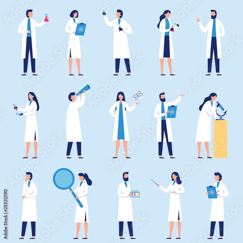 Scientists people. Science lab worker, chemical researchers and scientist professor character. laboratory creative scientist job, medicine workers characters. Isolated flat vector icons set photo
