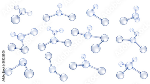 Molecule model. Hyaluronic acid molecules, chemical science organic molecular structure and reflecting molecules models. Medical cells models macro connect. 3d vector isolated icons set