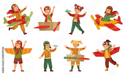 Kids in pilot costumes. Paper toy plane wings, adorable kids play with airplanes toys and child aircraft modeling. Young paper airplane pilot traveler game. Cartoon isolated icons vector set