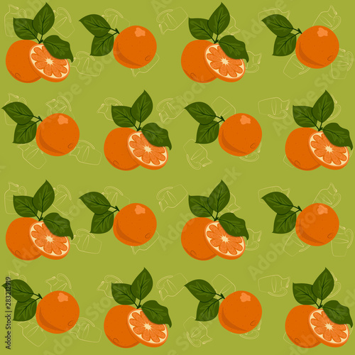 Vector seamless pattern with whole oranges on a twig, small leaves and a slice. Green background with yellow contour jars for drinks.