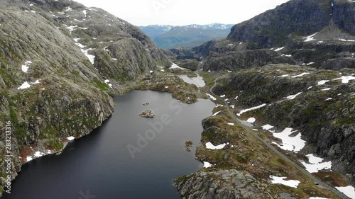 Aerial view. Norway landscape. Road and lakes in stony rocks mountains. Norwegian national tourist scenic route Ryfylke