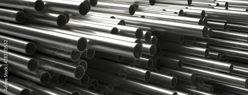 Fotografie, Tablou Pipes tubes steel metal, round profile, stacked full background