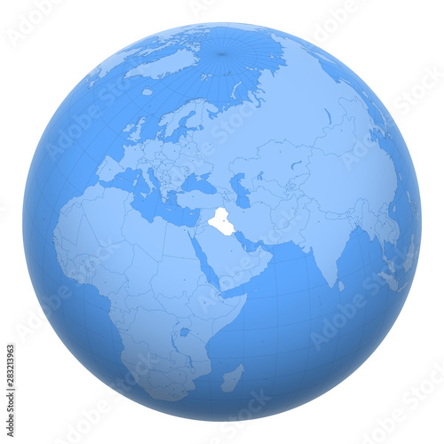 Iraq on the globe. Earth centered at the location of the Republic of Iraq. Map of Iraq. Includes layer with capital cities.