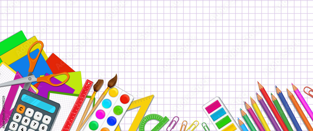 Back to school banner template with realistic elementary school objects like pencils, paint brushes, color palette, scissors, calculator and rulers on white notebook page background with grid pattern
