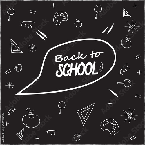 Back to school vector banner design. funny school characters a, education items and space for text in a background. Vector illustration.