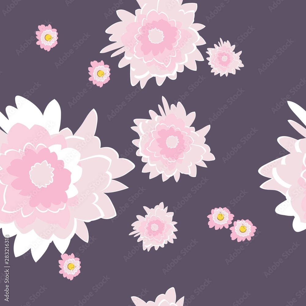 Autumn soft pink flowers, chrysanthemums, seamless pattern, fabric design, vector illustration
