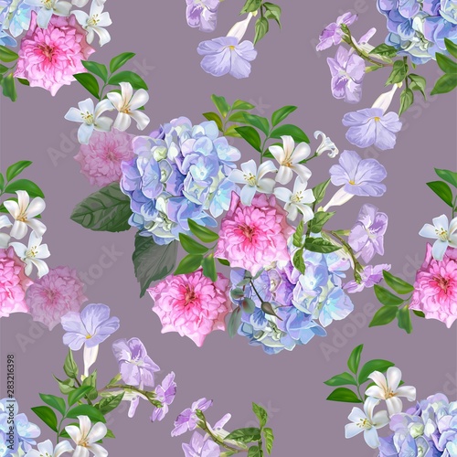  Floral seamless pattern with hydrangea ,rose and purple trumpet vine - Vector illustration
