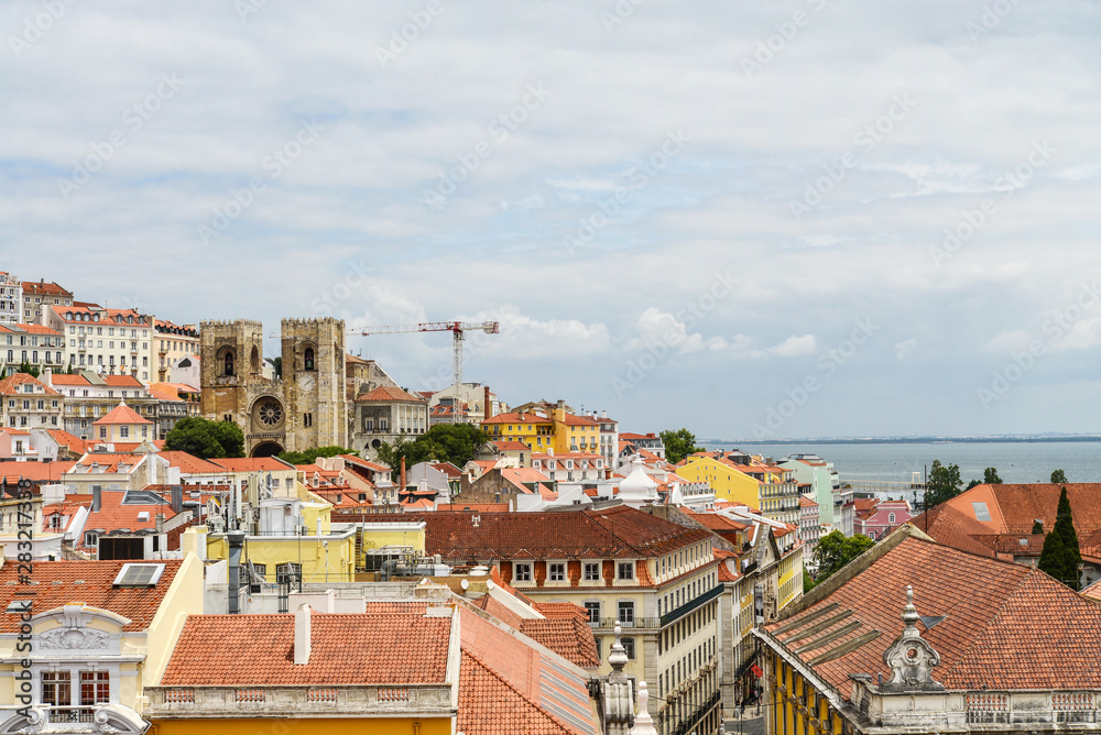 Aerial view at Lisbon downtown with famous Se cathedral