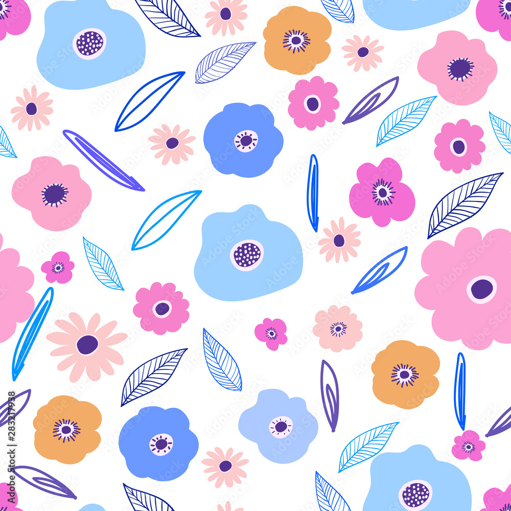 Seamless pattern background with flowers and leaves. Vector illustration for fabric and gift wrap design.