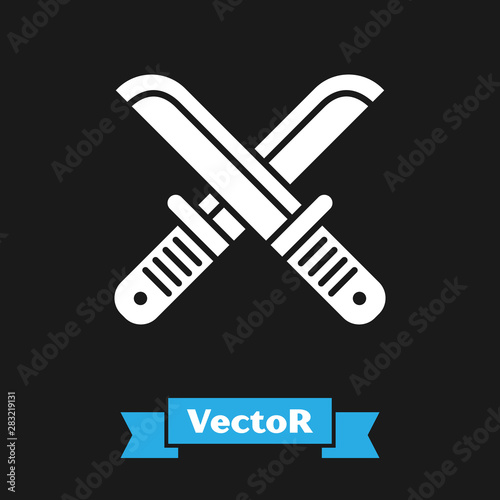 White Crossed hunter knife icon isolated on black background. Army knife. Vector Illustration