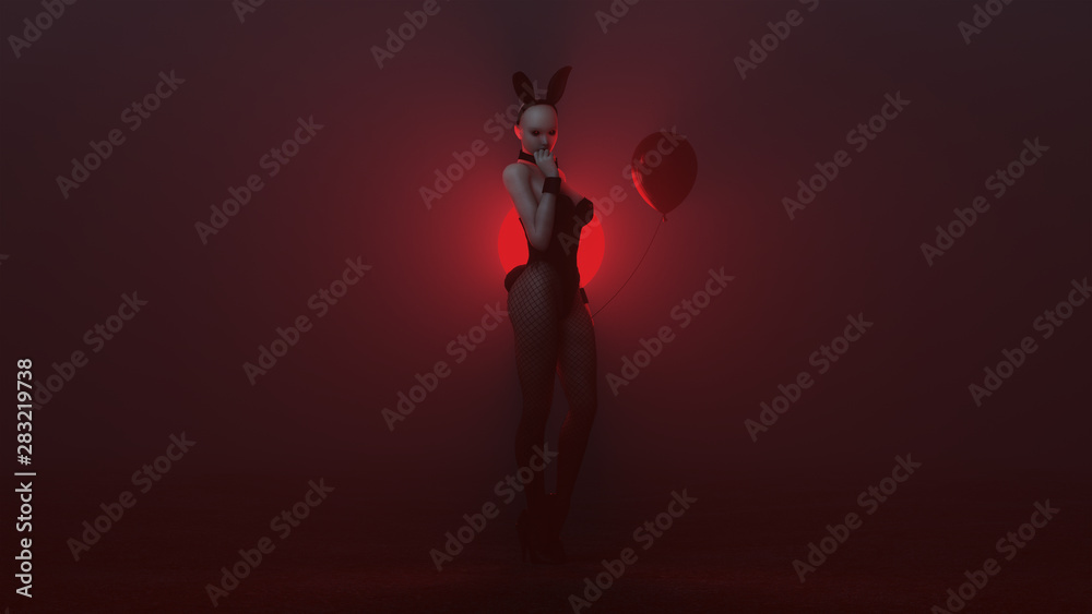 Demon Vampire Bunny Girl in Black with Fishnets and Black Balloon in a Red Foggy Void 3d illustration 3d render 